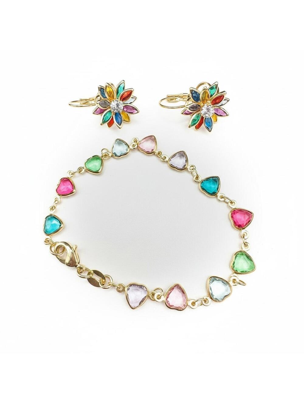 18K Gold Filled Multi-Color Candy Heart Bracelet & Flower Stud Set